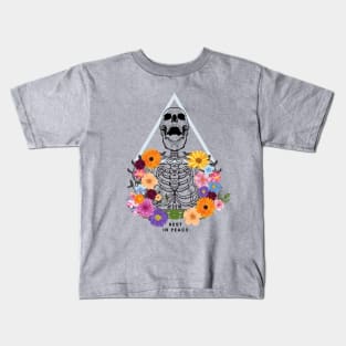 Rest in Peace Laughing Skeleton Adorned with Flowers Kids T-Shirt